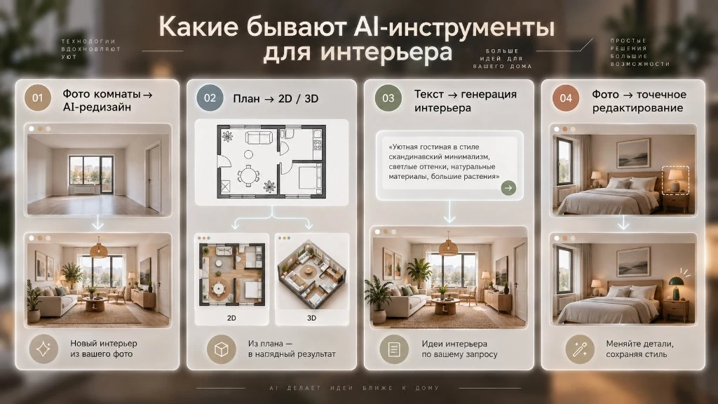 Четыре типа AI-инструментов для интерьера: редизайн по фото, план в 2D и 3D, генерация по тексту и точечное редактирование