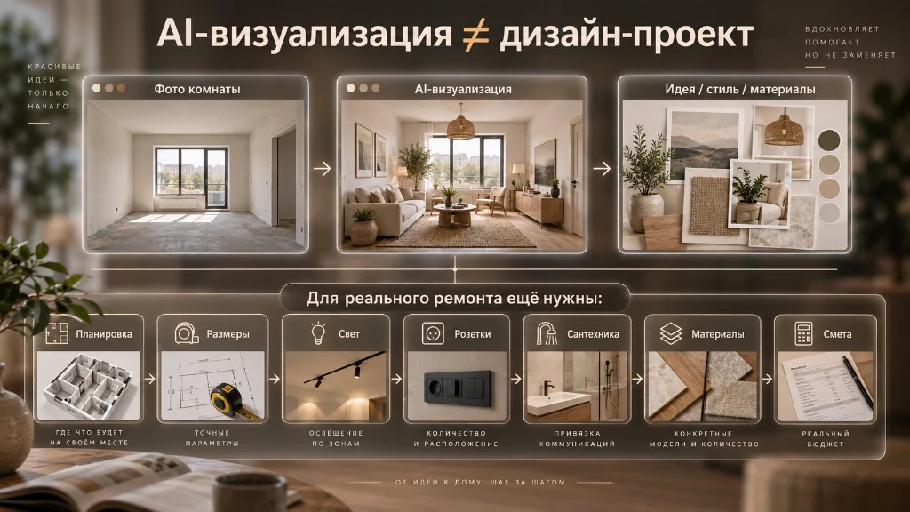 Схема: AI-визуализация не равна дизайн-проекту, для ремонта нужны планировка, размеры, свет, розетки, сантехника, материалы и смета