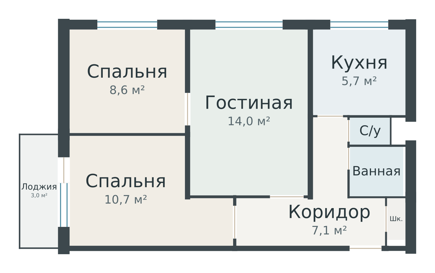 Пример из библиотеки: II-49 — трёхкомнатная с проходной гостиной и лоджией